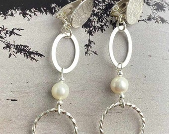 boucles d'oreilles clips argent, pendante, perle d'eau douce