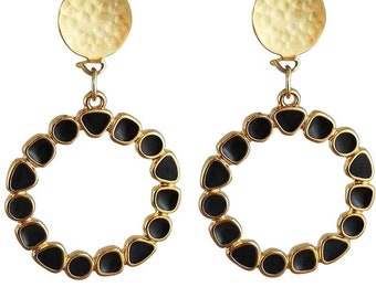 Boucle d'oreille à clip noire, gold filled 24k, boucles d'oreilles à clips plaqué or, noire, multicolore, boucle d'oreille clip fantaisie