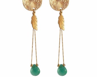 Gold-plated clip or pendant earring, emerald, moonstone, garnet, turquoise