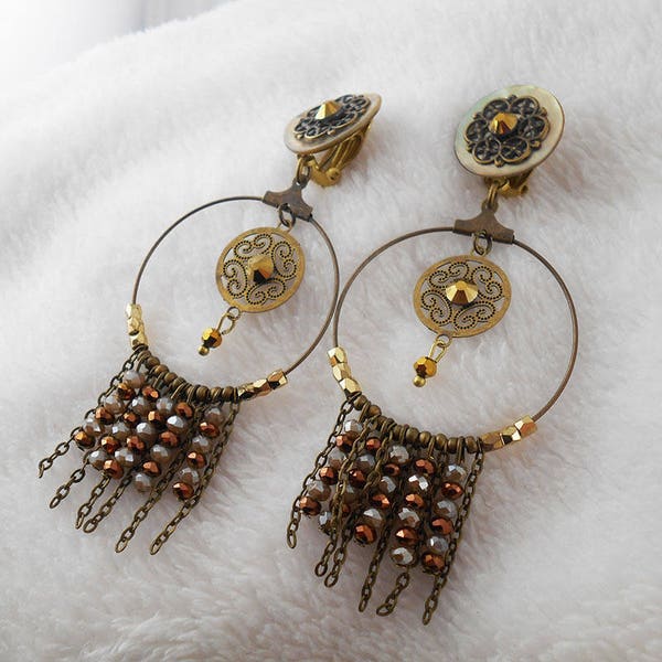 Boucle d'oreille clip ou pic créole bronze, boucles d'oreilles clips boho