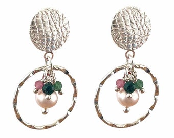 Boucles d'oreilles clips argent925, lapis, malachite, améthyste, rhodonite, calcedoine