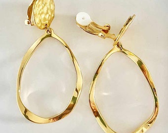 Gold-plated clip-on earrings, twisted, dangling