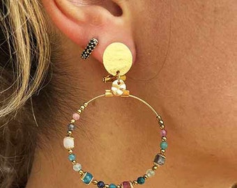 Semi-precious stone hoop clip-on earrings