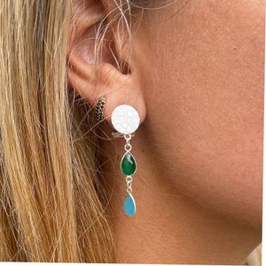 Boucles d'oreilles clips pendantes argent 925 Vert/Turquoise
