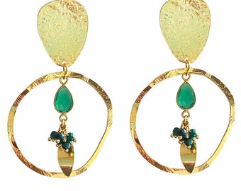 gold-plated clip earrings, lapis, amazonite malachite