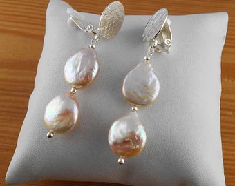 Silver clip or spike earring, freshwater pearl, pearl clip earring, dangling clip earring