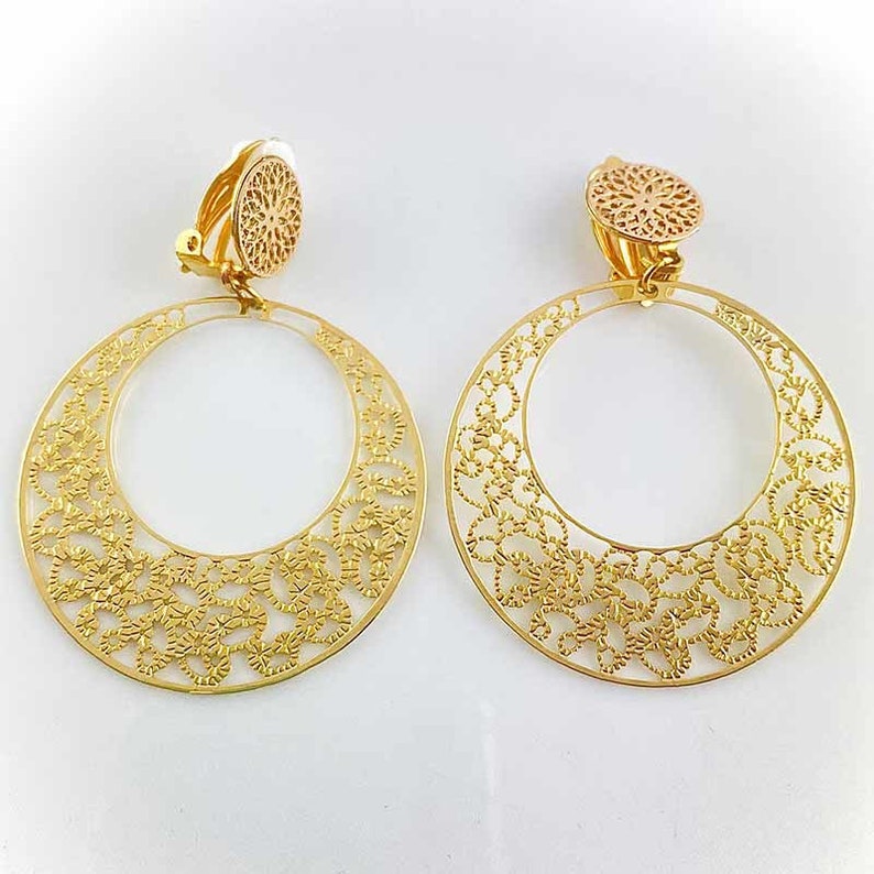 Boucles d'oreilles clips dorées à l'or fin, boucle d'oreille clip créole zdjęcie 1