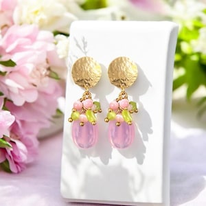 Glass pearl clip-on earrings, pink, white, red, green, gold plated