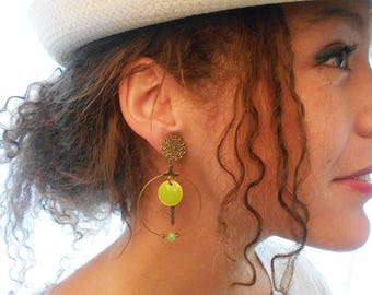 Boucles d'oreilles clips ou pics créole, bronze, boucle d'oreille en laiton, boucles d'oreilles à clips pendantes avec sequin