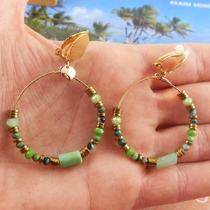 Clip or peak earring, Creole stainless steel, malachite stone