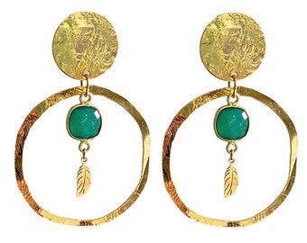Hoop clip earrings, green onyx, rose quartz