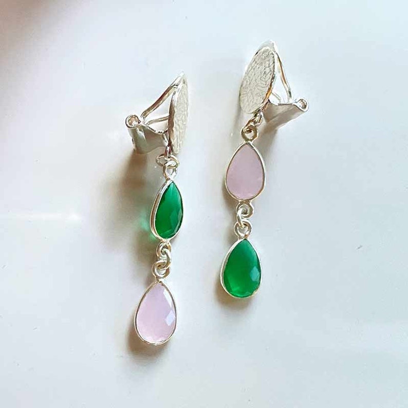 Boucles d'oreilles clips pendantes argent 925 Vert/Rose