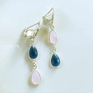 Boucles d'oreilles clips pendantes argent 925 Rose/Bleu