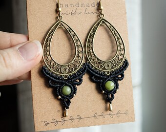 Green Jade • Brass Macrame Earrings | knotted earrings with brass pendants