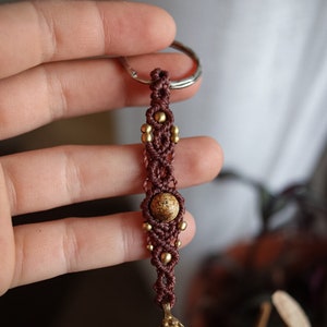 macrame key chain with picture jasper bead and brass fatimas hand, boho hippie jewelry, gift ideas for hippies, key chain gemstones