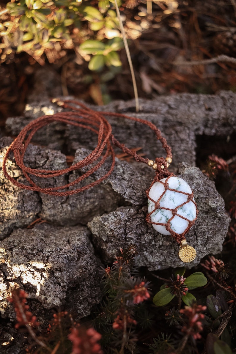 Gemstone Brass Sun Boho Jewellery Crystal Necklace encased healing stone Hippie Necklace Macrame Necklace Tree Agate