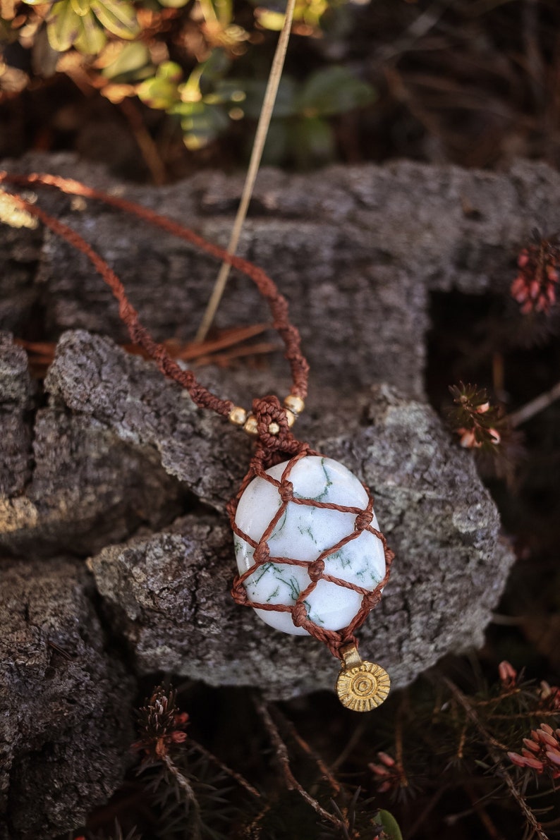 Gemstone Brass Sun Boho Jewellery Crystal Necklace encased healing stone Hippie Necklace Macrame Necklace Tree Agate