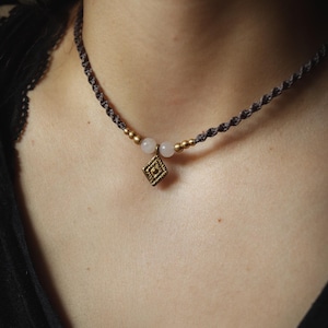 Macrame choker necklace with rose quartz and brass pendant | Elven macrame jewelry | Boho choker with healing stone beads