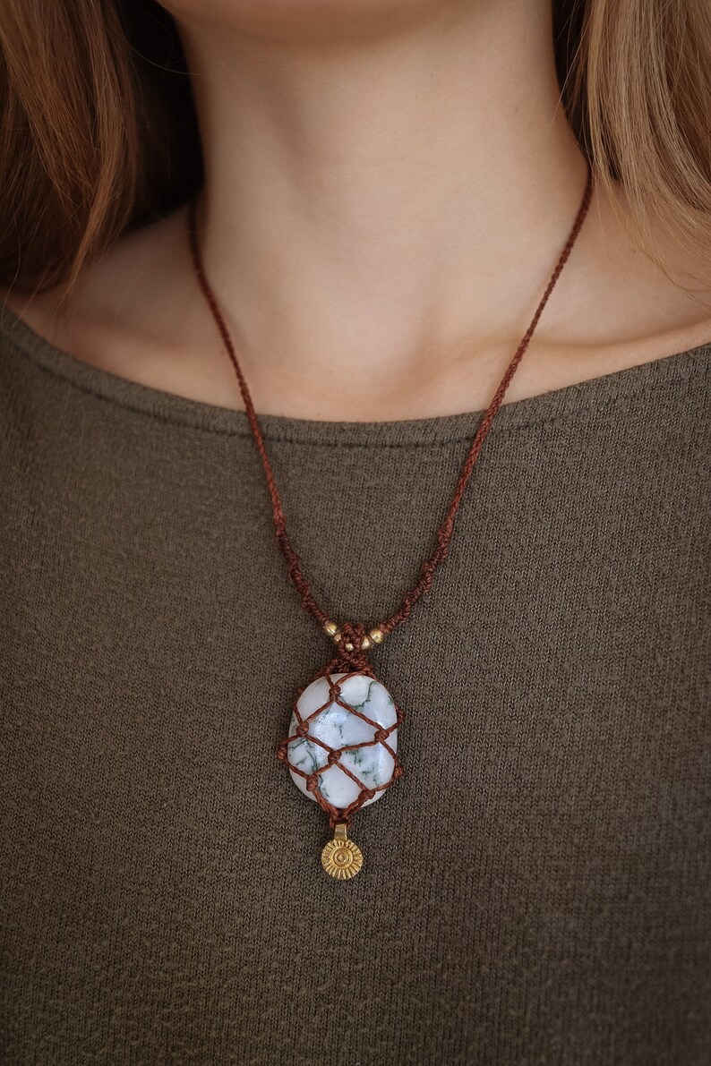 Gemstone Brass Sun Boho Jewellery Crystal Necklace encased healing stone Hippie Necklace Macrame Necklace Tree Agate