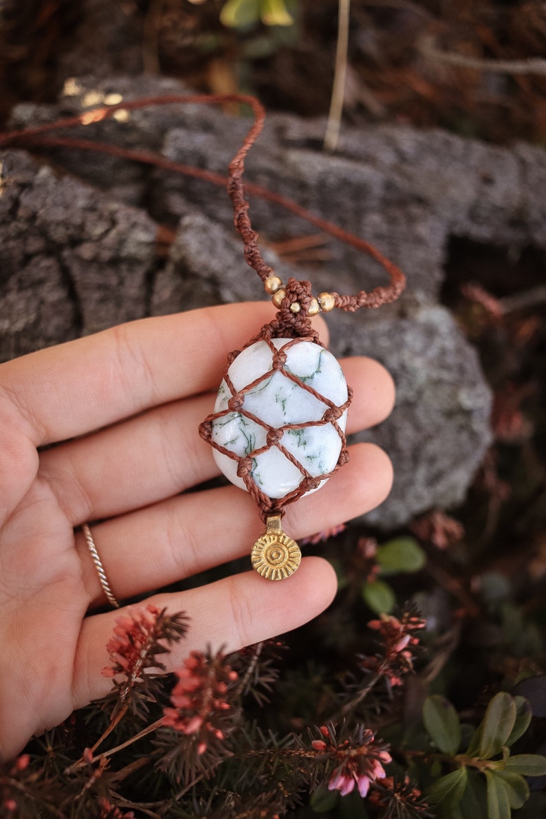 Gemstone Brass Sun Boho Jewellery Crystal Necklace encased healing stone Hippie Necklace Macrame Necklace Tree Agate