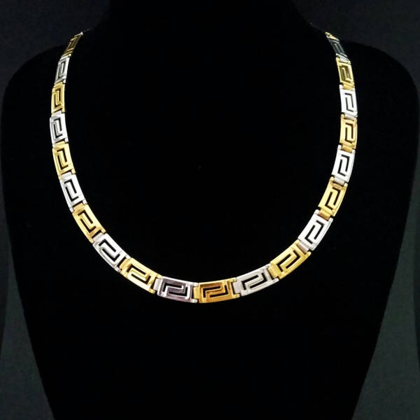 greek necklace, meander golden necklace, greek key, ancient greek jewelry, golden sterling silver, bijoux grec, greek jewellery