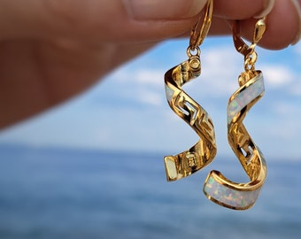 meander opal white gold-plated earrings, golden sterling silver greek key earrings , greek jewel collection, ancient meander jewelry