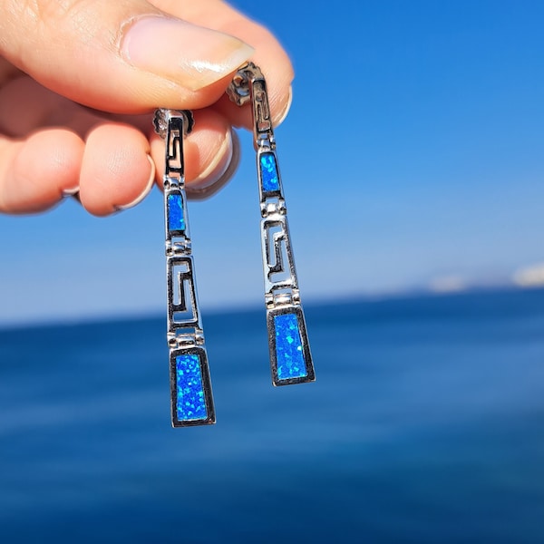 earrings opal meander-greek key, sterling silver ancient greek earrings, silver 925 opal greek earrings, bijoux meandros boucles d'oreilles