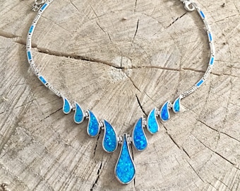 Opal blue necklace, sterling silver 925 opal necklace, greek jewelry, bijoux grec opal colliers, opal griechischen halsketten, opal collane