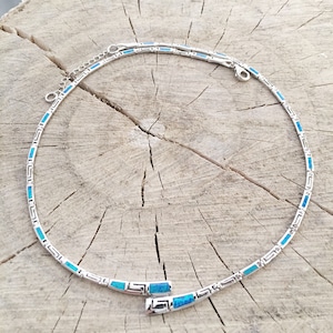 meander-greek key necklace, sterling silver 925 blue opal greek ancient necklace , bijoux grec, griechischen schmuck, meander opal necklace