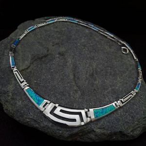 Opal blue necklace, meander-greek key, sterling silver, jewel greek, bijoux meander colliers, griechischen halsketten, collane meander greco