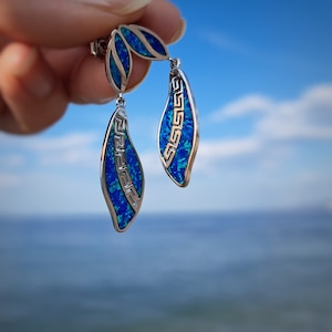 earrings opal meander-greek key, ancient greek earrings, silver 925 opal greek earrings,meandros boucles d&#39;oreilles,greek opal earrings
