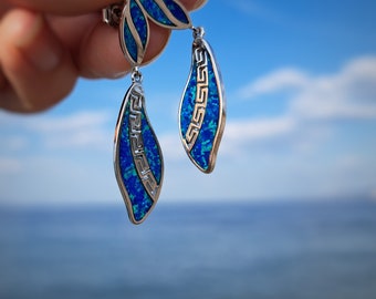 earrings opal meander-greek key, sterling silver ancient greek earrings, silver 925 opal greek earrings, bijoux meandros boucles d'oreilles