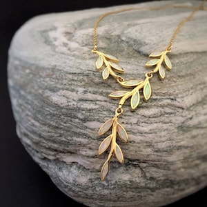 olive leaves golden silver white opal necklace, gold-plated sterling silver olive leaves collection, greek jewelry gift