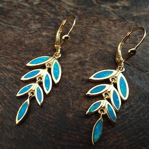 greek blue opal olive leaf earrings, sterling silver 925, olive leaf greek jewelry, bijoux grec, griechischen schmuck, gioielli greco,