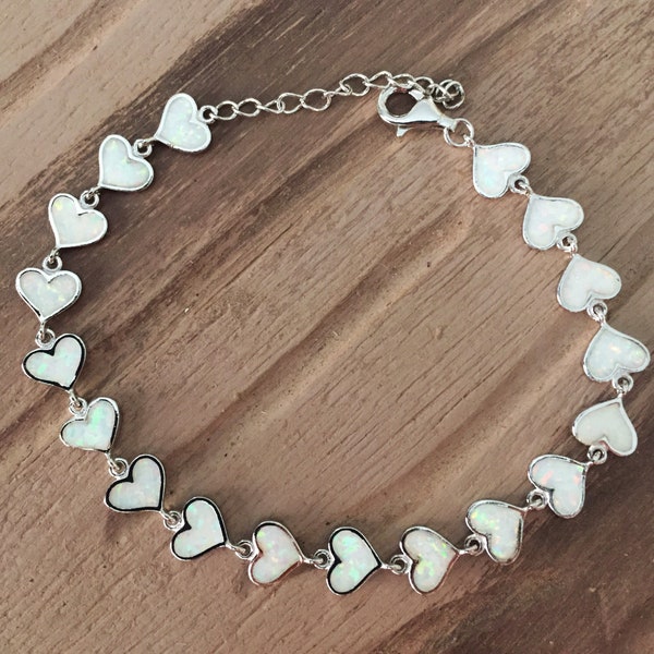 White opal hearts bracelet,opal bracelet, silver bracelet, bridal bracelet, greek limited jewelry collection,birthday jewel gift