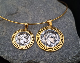 Anhänger der griechischen Göttin Athena, antiker griechischer Schmuck, Münzanhänger der griechischen Göttin Athena