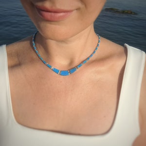 Opal blue necklace, sterling silver 925 LARGE size