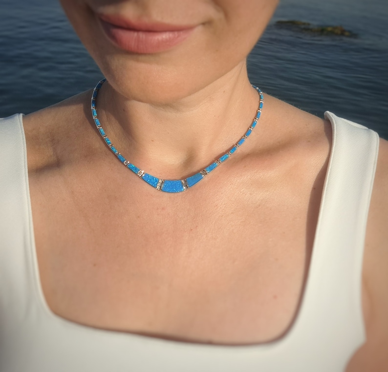 Opal blue necklace, sterling silver 925 LARGE size