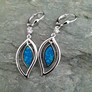 May include: A pair of silver earrings with blue opal stones set in a leaf-shaped design. The earrings have a dangling design with a small clear stone at the top.