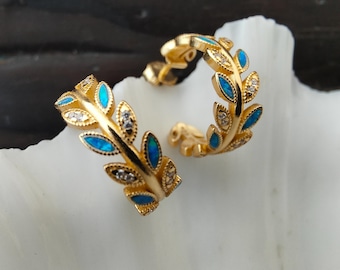 Griekse blauwe opaal olijfbladoorbellen, CZ verguld sterlingzilver 925, olijfblad Griekse sieraden, bijoux grec, griechischen schmuck,