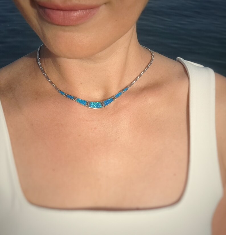 Opal blue meander necklace, sterling silver 925 opal necklace, bijoux grec opal colliers, greek key necklace, griechische kette image 9