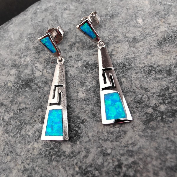 earrings opal meander-greek key, ancient greek earrings, silver 925 opal greek earrings, meandros boucles d'oreilles,greek opal earrings