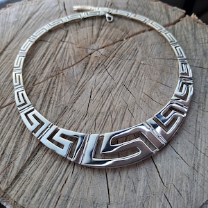 Griekse ketting, zilveren meanderketting, Griekse sleutel goudzilveren sieraden, zilveren meanderketting, Griekse statementketting, Griekse sieraden