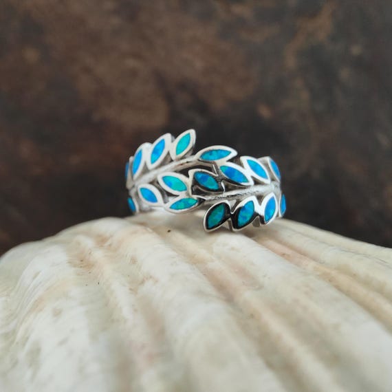 olive leaf blue opal ring, opal blue sterling silver greek jewelry, ancient greek jewelry collection, olive leaf jewel, greek ring