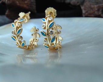 Griekse blauwe opaal olijfbladoorbellen, CZ verguld sterlingzilver 925, olijfblad Griekse sieraden, bijoux grec, griechischen schmuck,