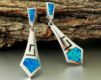 meander opal earrings, sterling silver greek key earrings, silver 925 greek jewelry, bijoux grec boucles d'oreilles, meander jewel gift