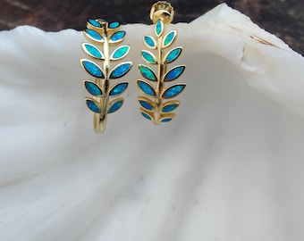 Griekse blauwe opaal olijfbladoorbellen, verguld sterlingzilver 925, olijfblad Griekse sieraden, bijoux grec, griechischen schmuck,