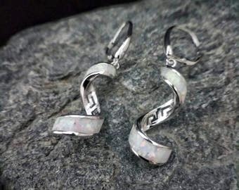 meander white opal earrings, greek key sterling silver earrings, bridal earrings,bijoux grec boucles d'oreilles, griechischen οhrringe,