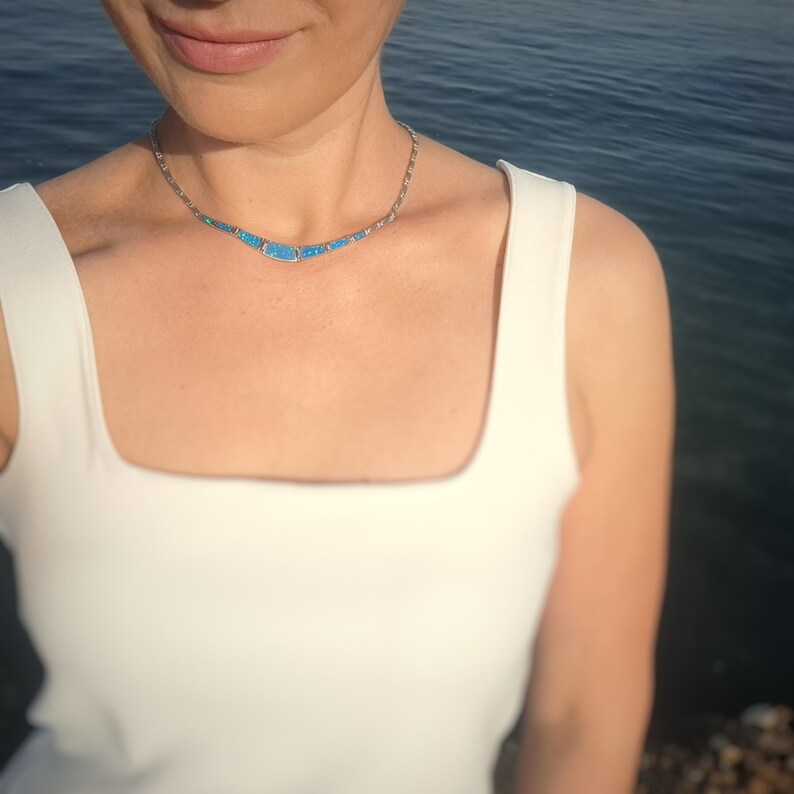 Opal blue meander necklace, sterling silver 925 opal necklace, bijoux grec opal colliers, greek key necklace, griechische kette image 8