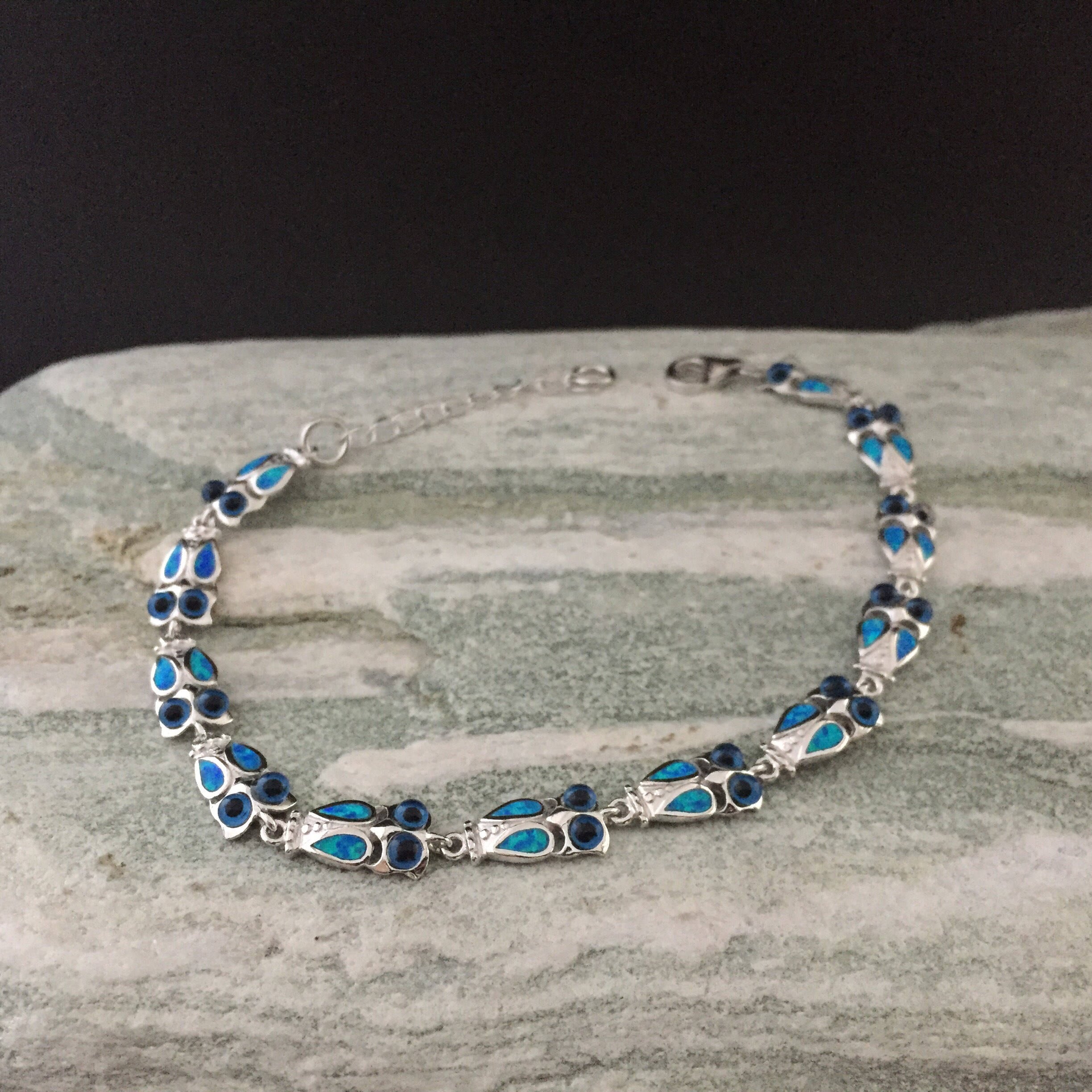 blue opal owls bracelet, greek bracelet, sterling silver opal bracelet, greek ancient jewelry, bijou